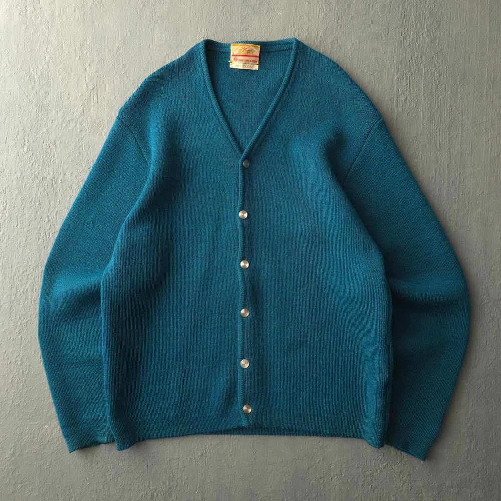 Vintage 60s Jantzen Teal Cardigan Large Pure Virgin Wool Metal Buttons